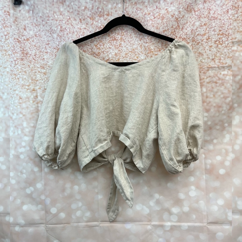 NEW Posse Mia Top in Natural, Knot-detailed Linen Cropped Top - Picture 3 of 10